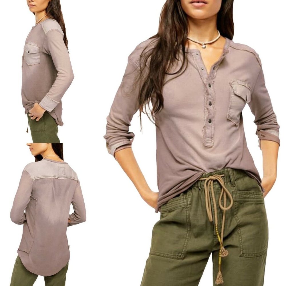 Free People Gene Henley REISHI Purple Snap Button Shirt Size Large - Picture 1 of 5